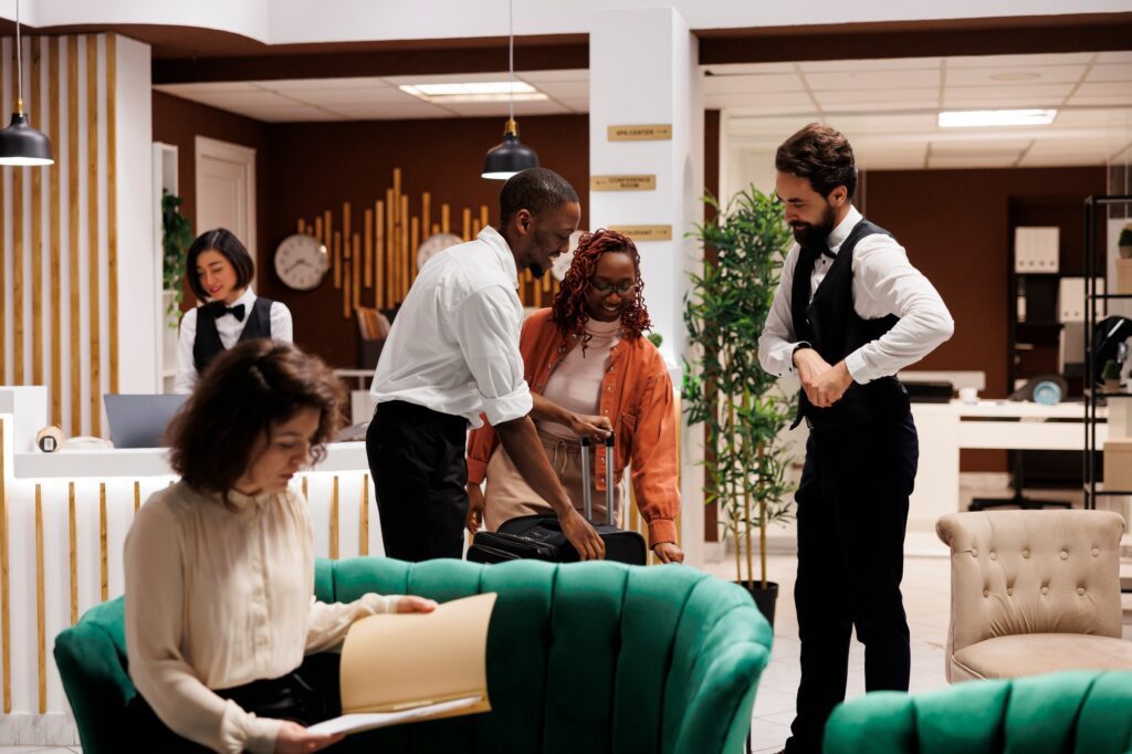 Hotel concierge assisting guests